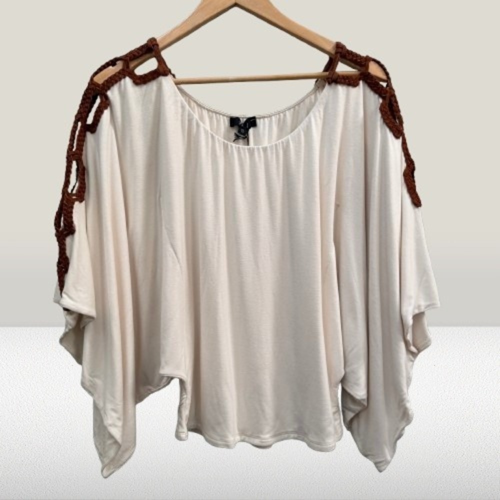 NEW Sky Women Batwing Top Brown Crochet Cold Shoulder Cream Small - Picture 2 of 4